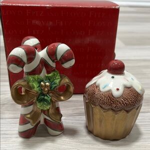 FITZ & FLOYD SUGAR PLUM CHRISTMAS CUP CAKE & CANDY CANE SALT AND PEPPER SHAKERS